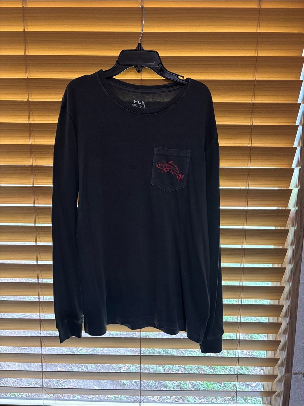 Huk Black Long Sleeve Pocket Tee with Red Fish Graphic